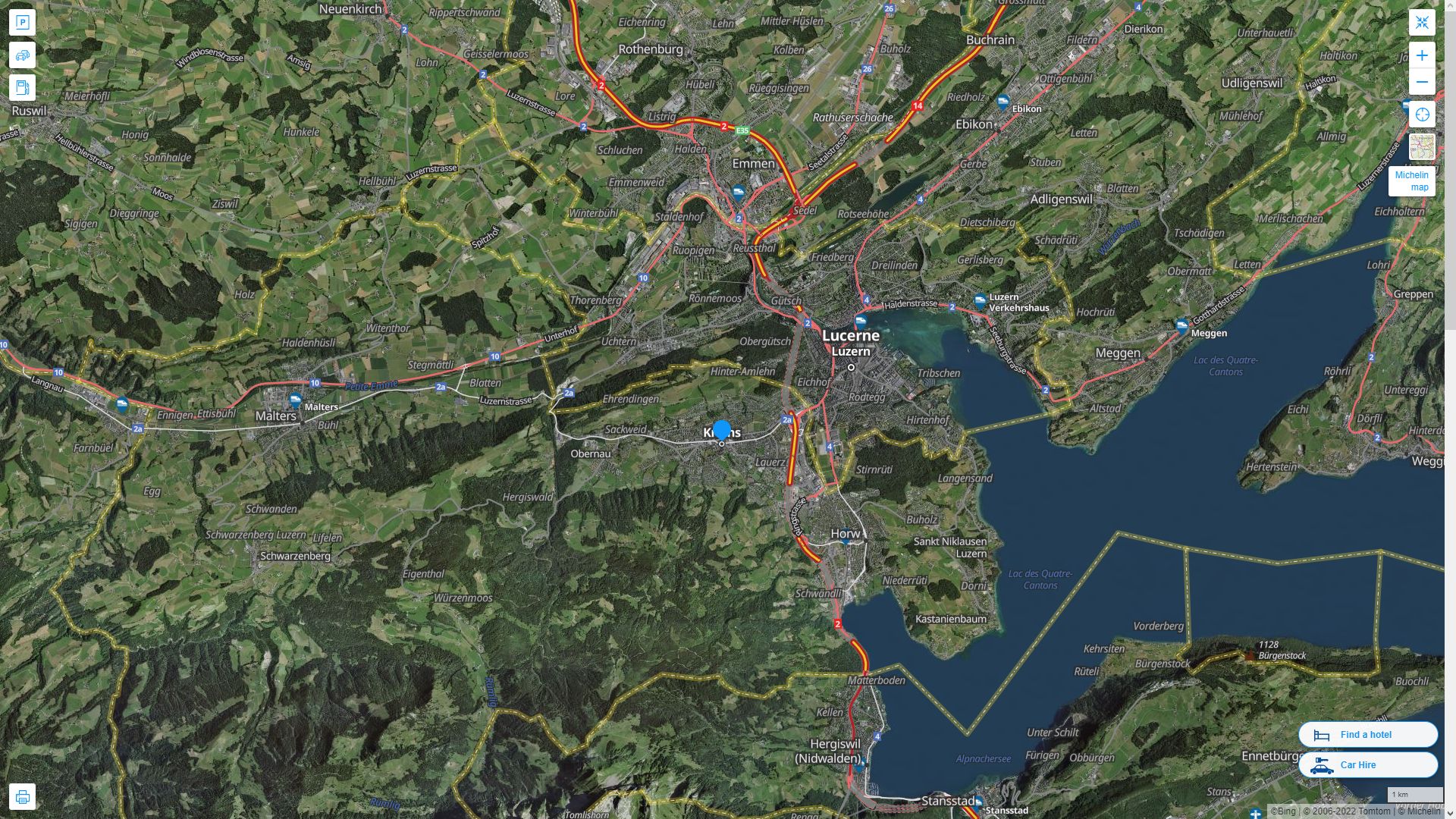 Kriens Suisse Autoroute et carte routiere avec vue satellite